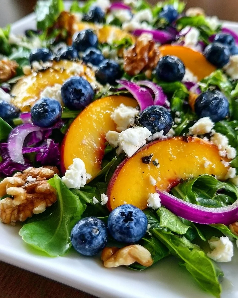 Delicious Blueberry Peach Feta Salad with fresh ingredients and vibrant colors