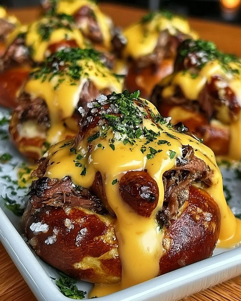 Brisket and beer cheese stuffed pretzel