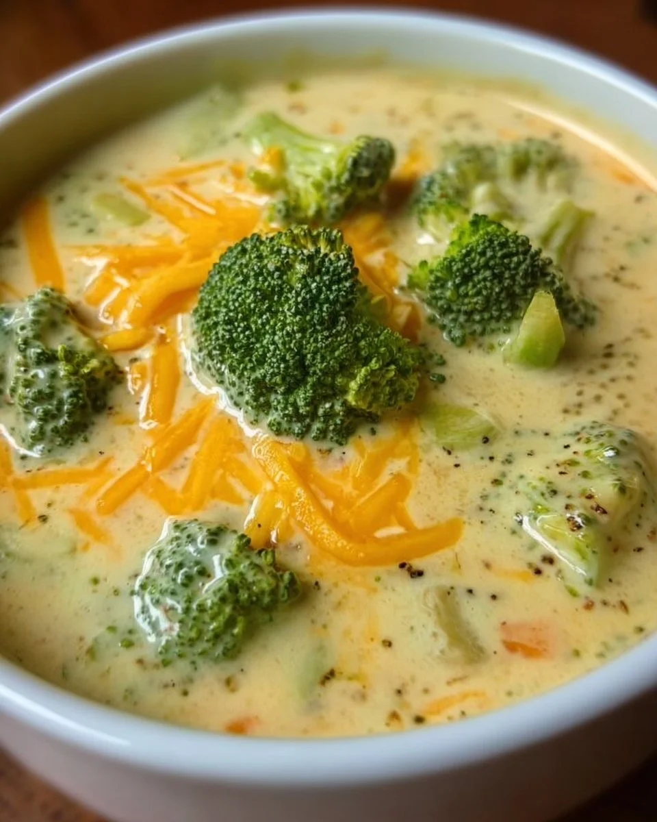 Delicious bowl of broccoli cheddar soup topped with cheese and fresh broccoli