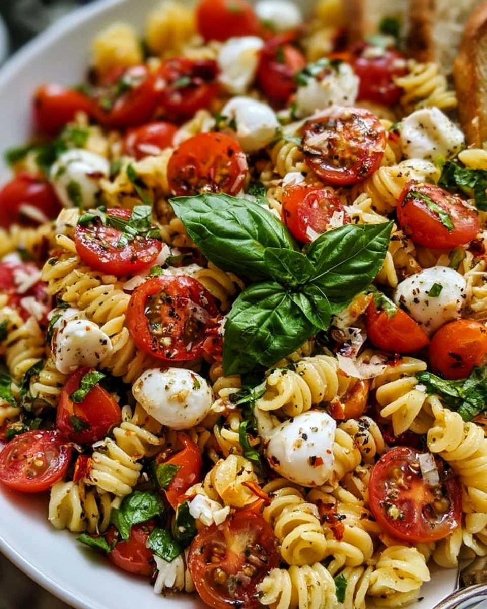 Bruschetta Pasta Salad featuring cherry tomatoes, basil, and mini mozzarella balls