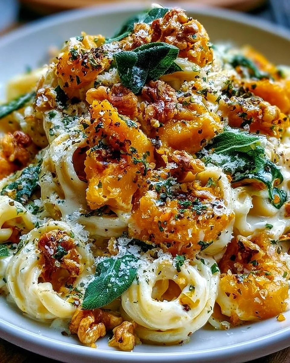 Bowl of butternut squash and sage pasta garnished with herbs