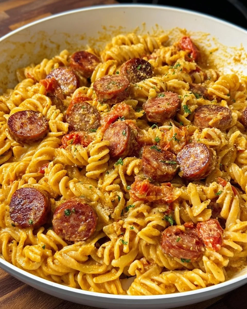 Delicious Cajun Sausage Pasta served in a bowl with herbs and spices