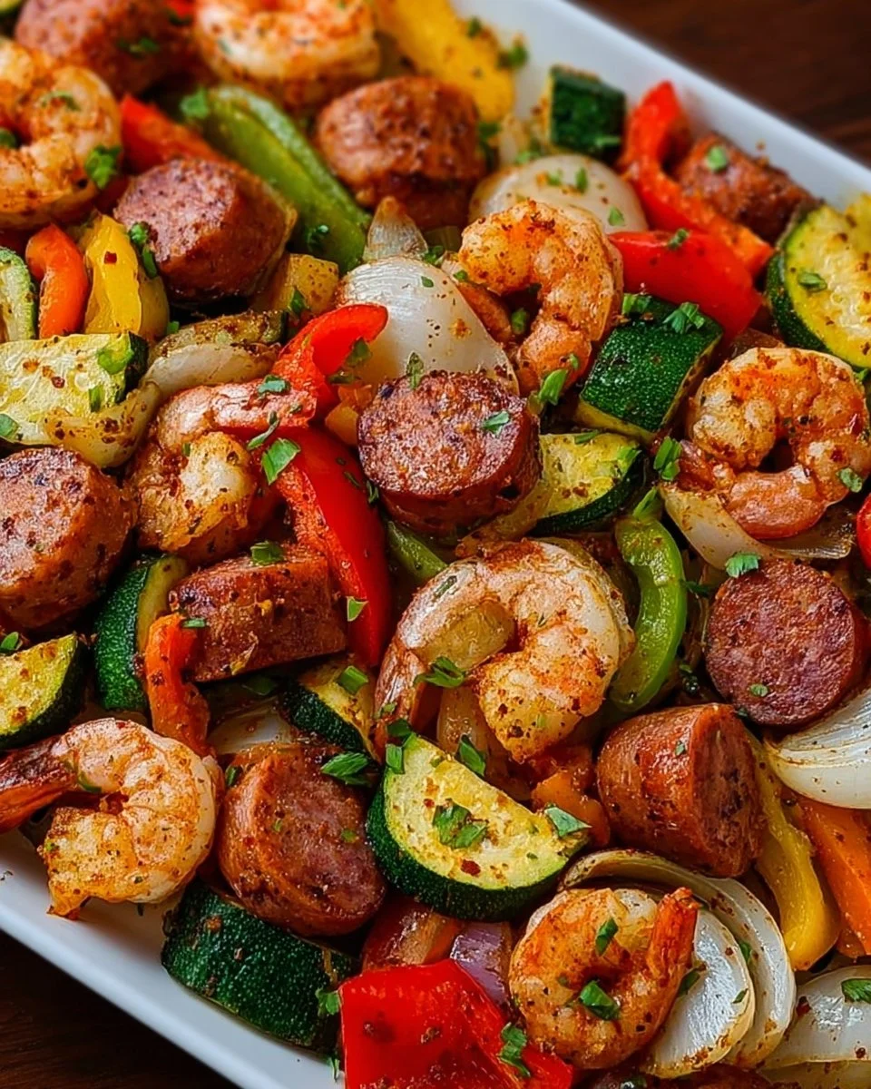 Cajun shrimp and sausage sheet pan dish with colorful veggies