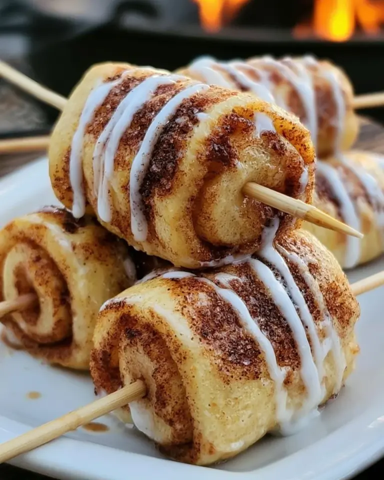 Campfire cinnamon roll ups on a stick, a tasty and fun outdoor dessert.