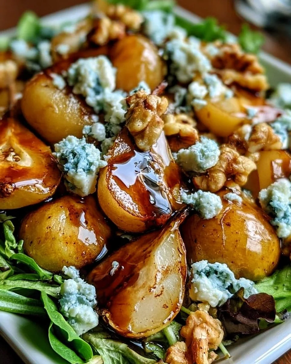 Caramelized pear and blue cheese salad with mixed greens and walnuts.