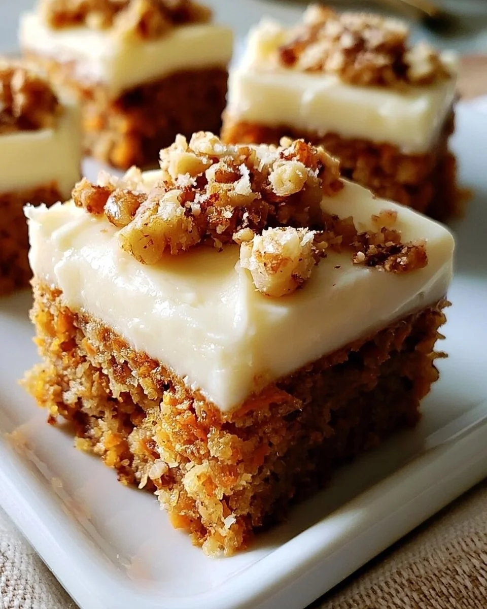 Delicious carrot cake bars topped with smooth cream cheese frosting