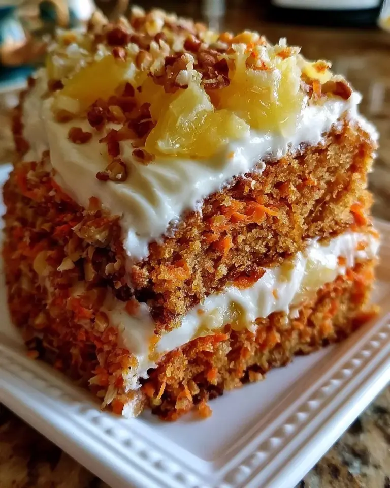 Delicious Carrot Pineapple Cake with cream cheese frosting and garnished with pineapple chunks.