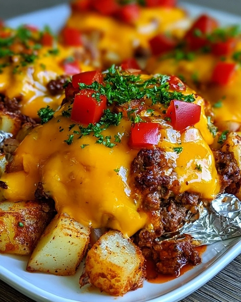Easy-to-make cheeseburger foil packets ready for grilling