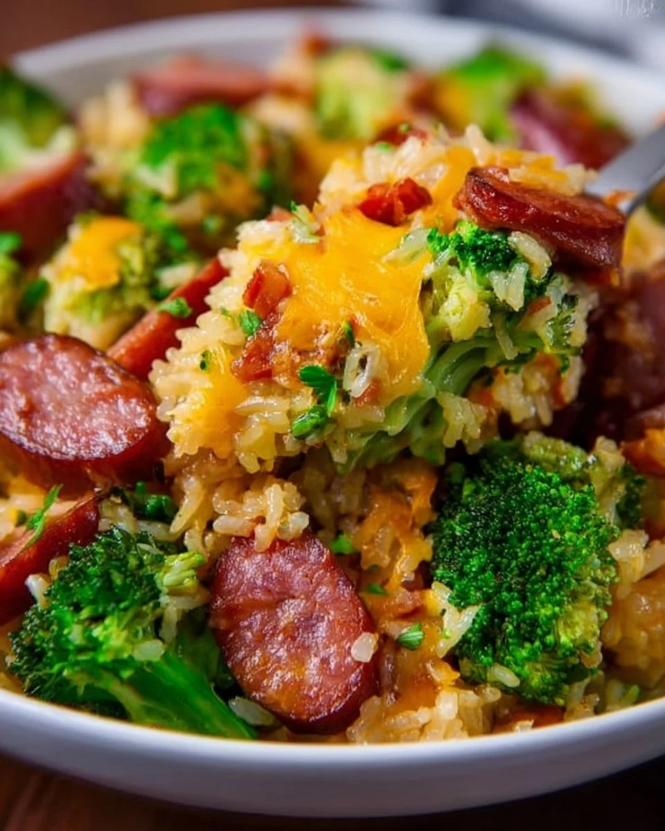 Cheesy kielbasa skillet with rice and broccoli served in a pan