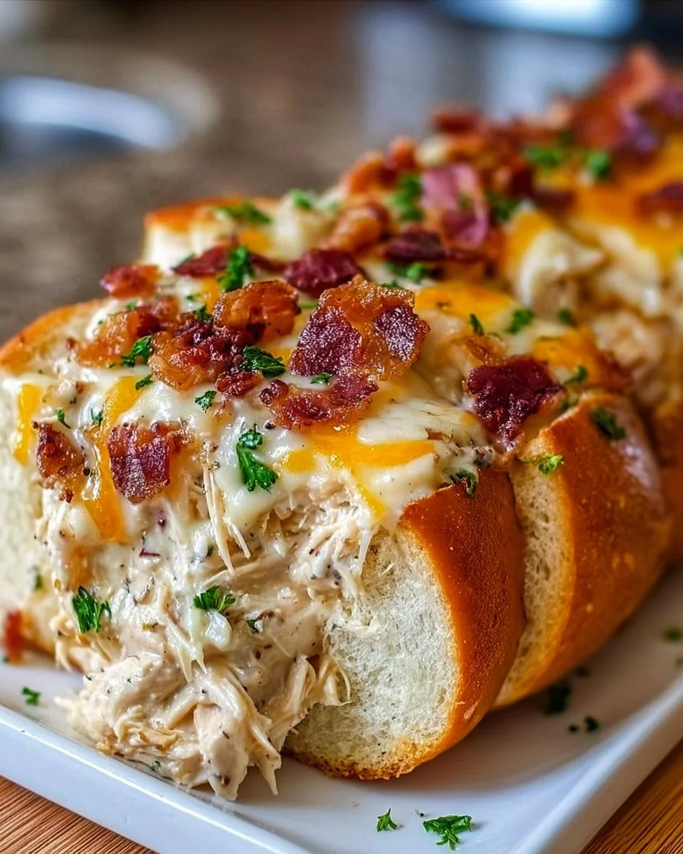 Chicken Bacon Ranch Stuffed Bread recipe with melted cheese and crispy bacon