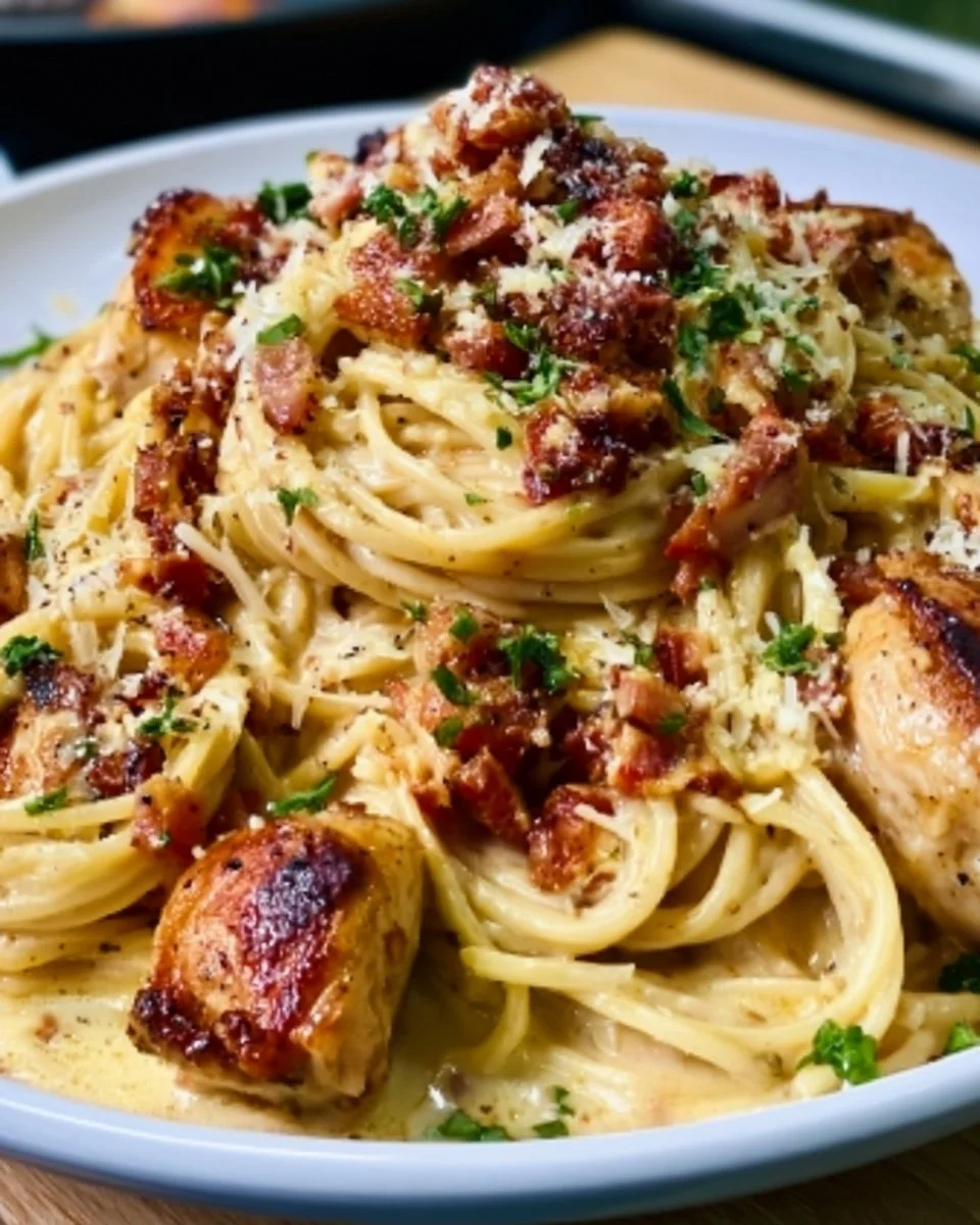 Delicious plate of Chicken Carbonara pasta topped with cheese and herbs