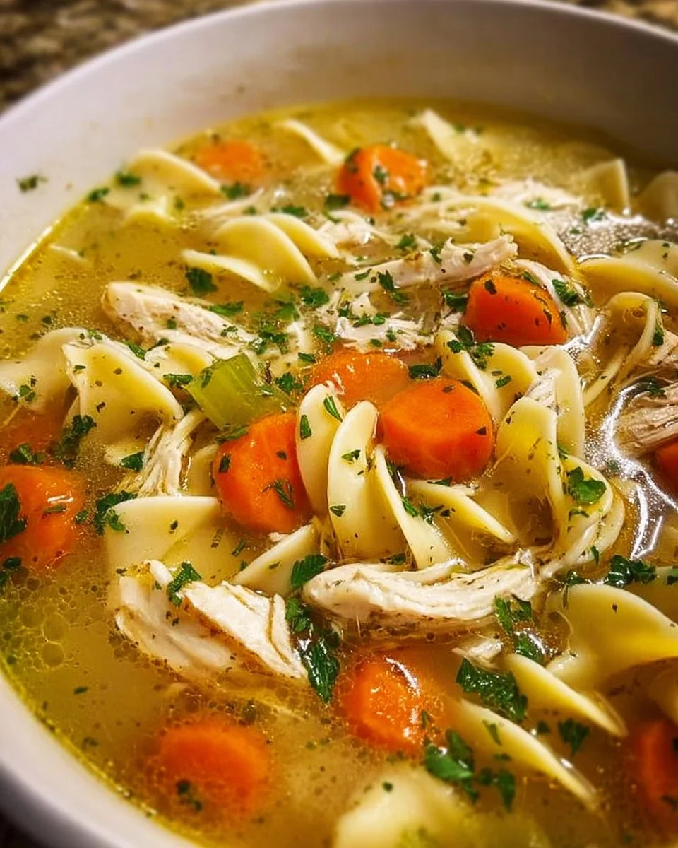 Bowl of homemade Chicken Noodle Soup with vegetables and herbs