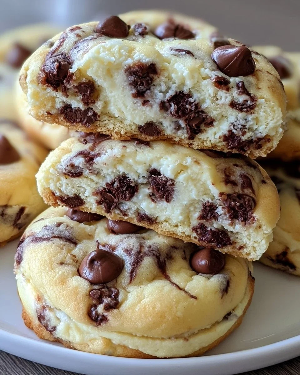 Chocolate chip cheesecake cookies with a creamy filling and chocolate chunks
