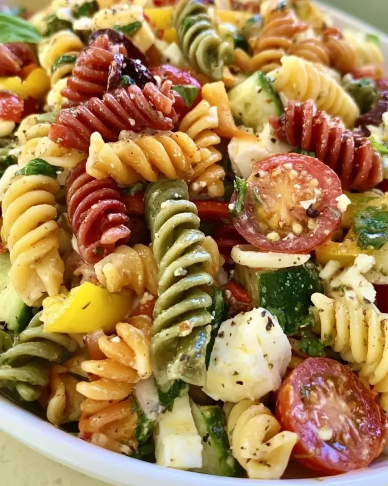 Bowl of classic pasta salad with fresh vegetables and dressing