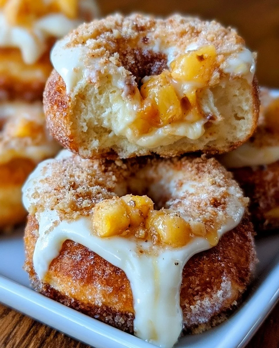 Classic Peach Cobbler Cheesecake Donuts served on a plate with peach slices.