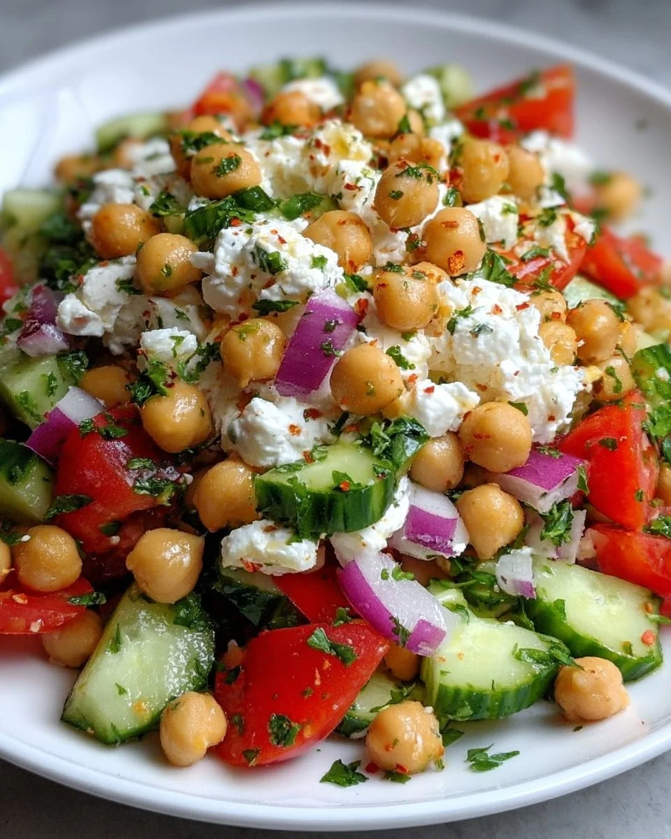 Cottage Cheese and Chickpeas Salad with fresh vegetables and herbs