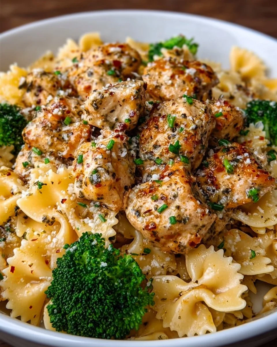 Cowboy Butter Lemon Bowtie Chicken served with broccoli on a plate