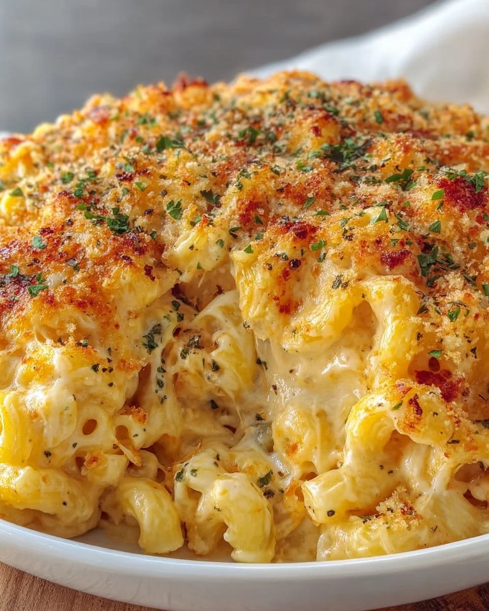 Creamy dump and bake mac and cheese topped with cheese and baked until golden.