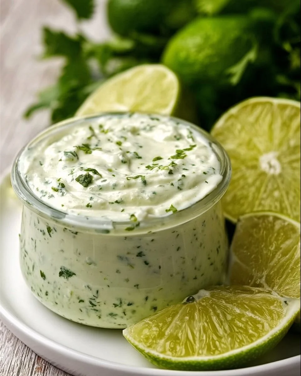 Creamy Garlic Lime Cilantro Sauce served in a bowl with fresh herbs