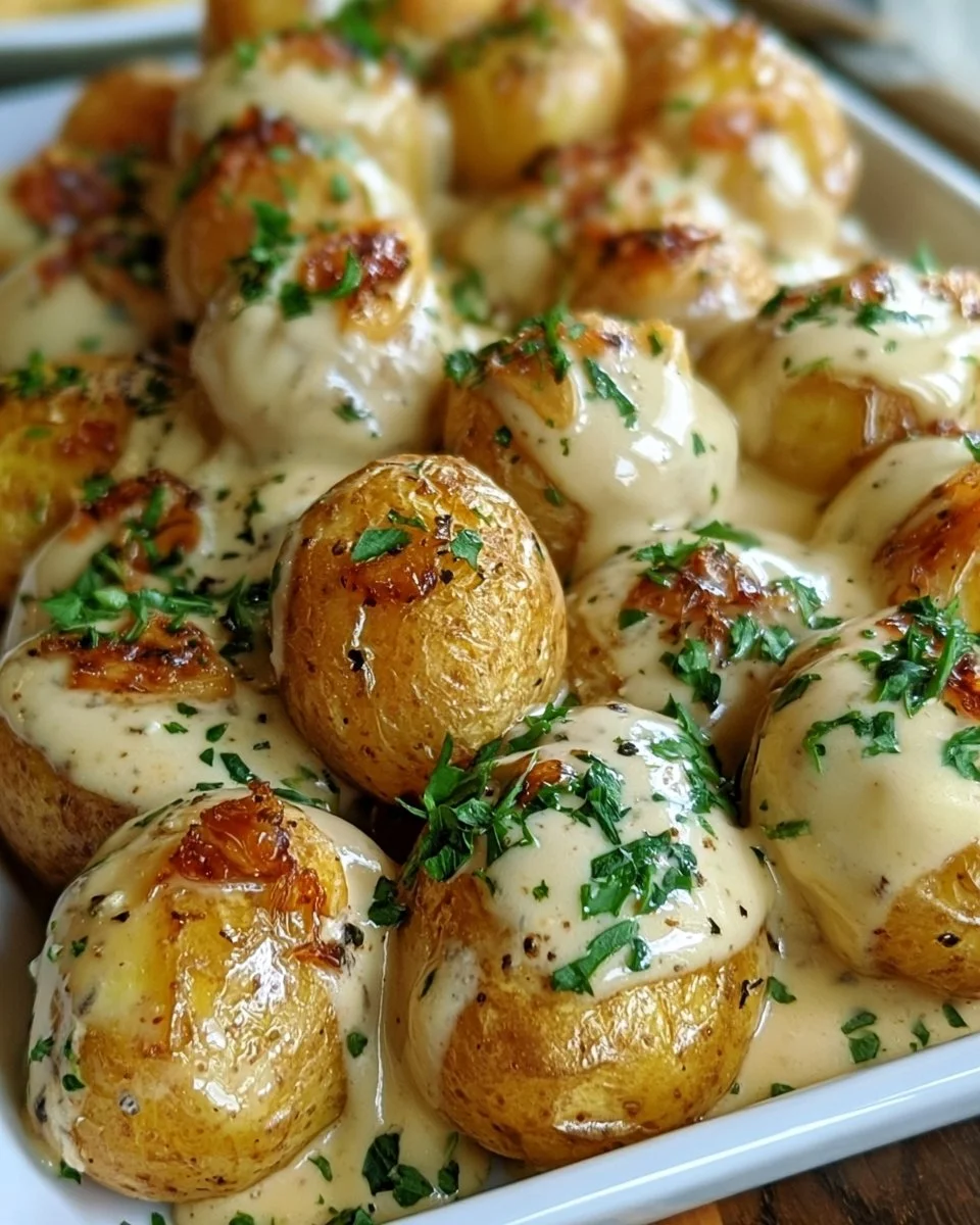 Creamy garlic sauce baby potatoes arranged on a plate with herbs