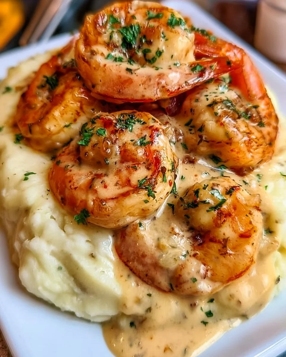 Creamy garlic shrimp dish served with mashed potatoes on a plate