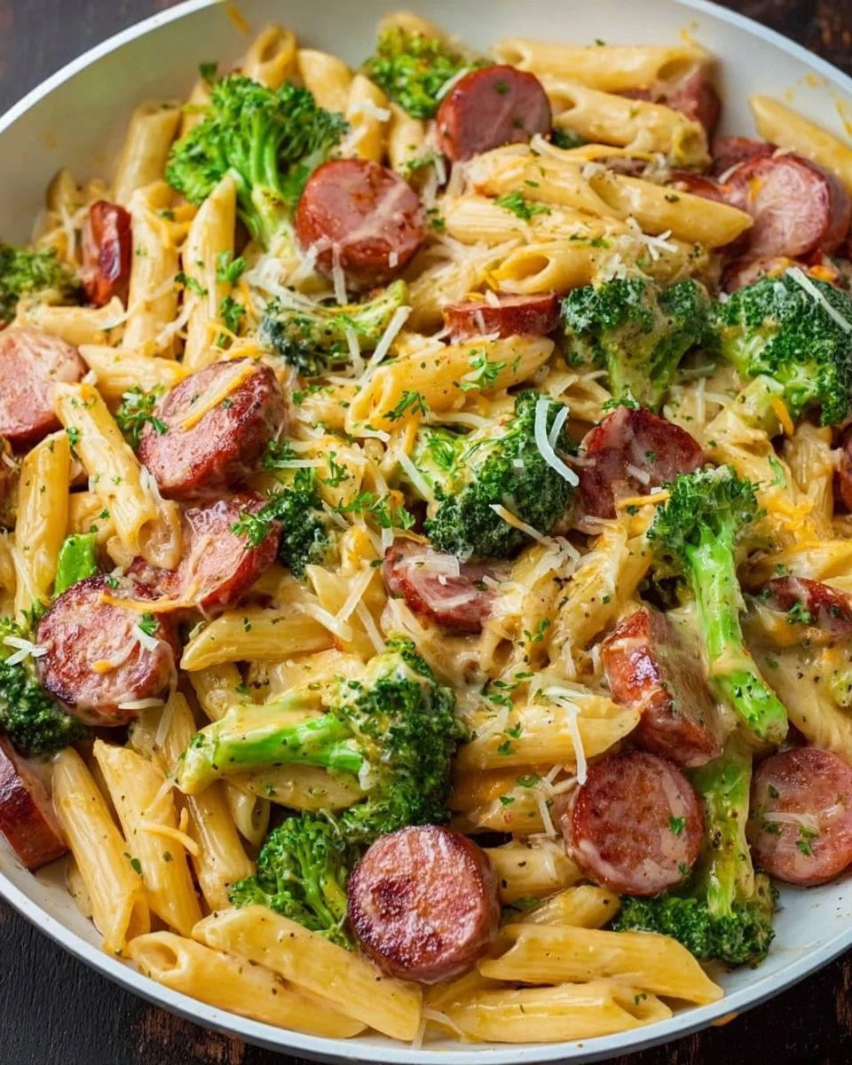 Creamy kielbasa skillet dish with vegetables in a pan