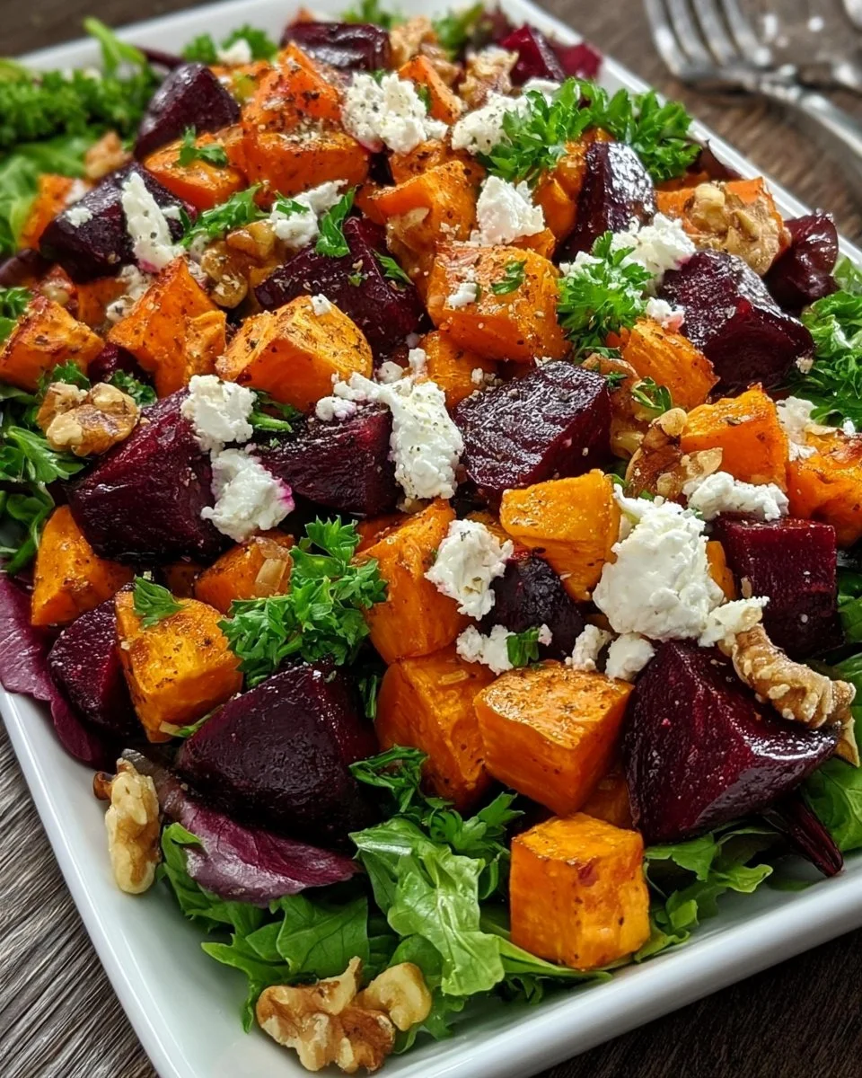 Creamy roasted beet salad with sweet potato and feta cheese on a white plate