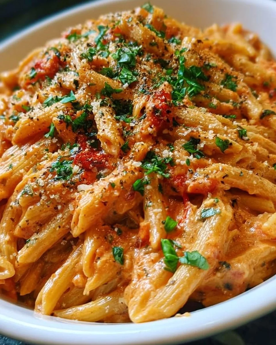 Bowl of creamy tomato garlic pasta garnished with fresh herbs.