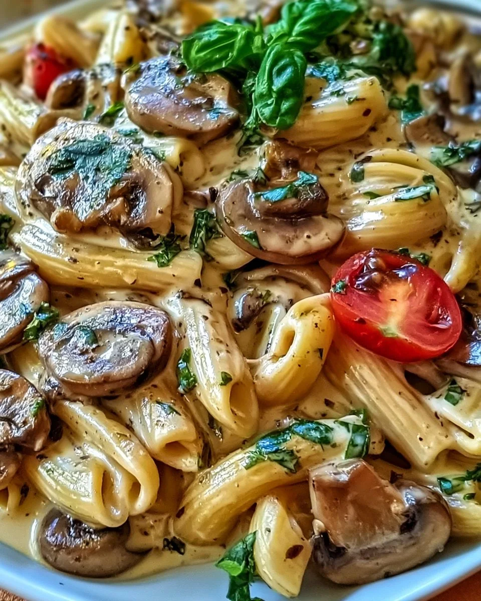 Creamy Tuscan mushroom pasta served in a rustic bowl garnished with herbs.