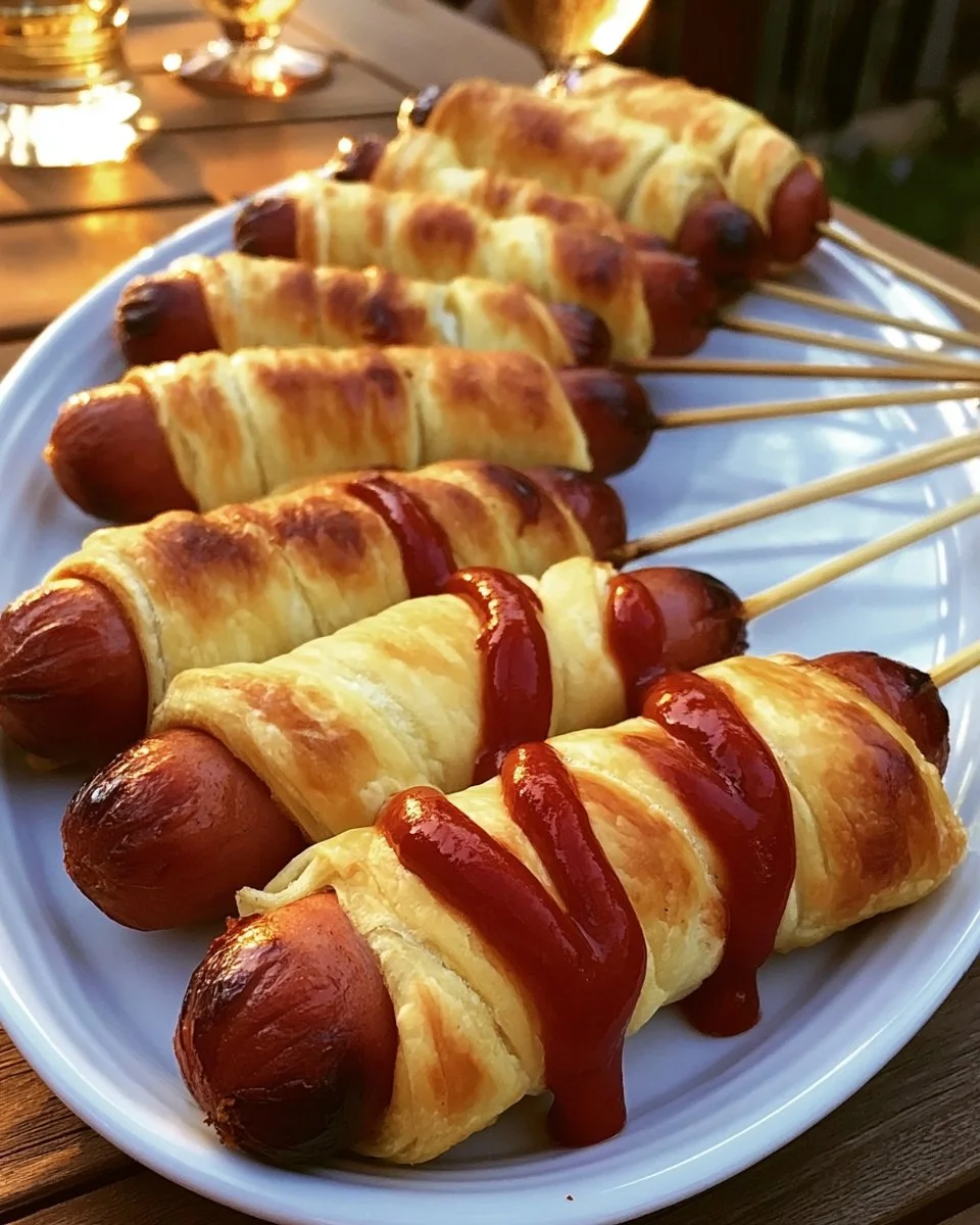 Crescent-wrapped campfire hot dogs ready to be grilled over a campfire.