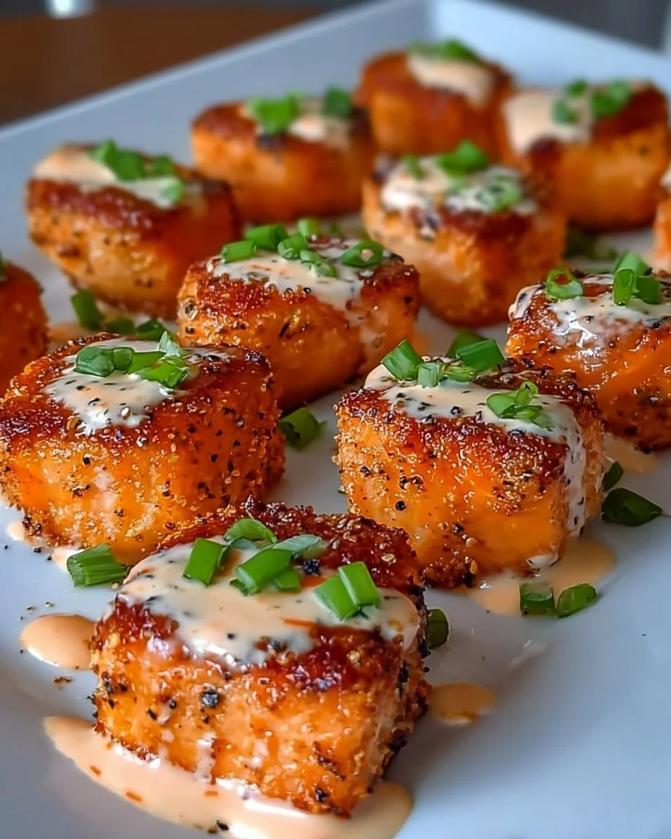 Crispy Bang Bang Salmon Bites served with a spicy dipping sauce