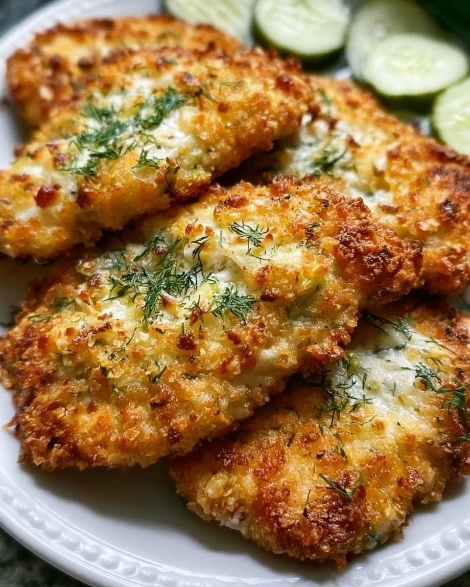 Crispy Dill Pickle Parmesan Chicken served on a plate with fresh herbs