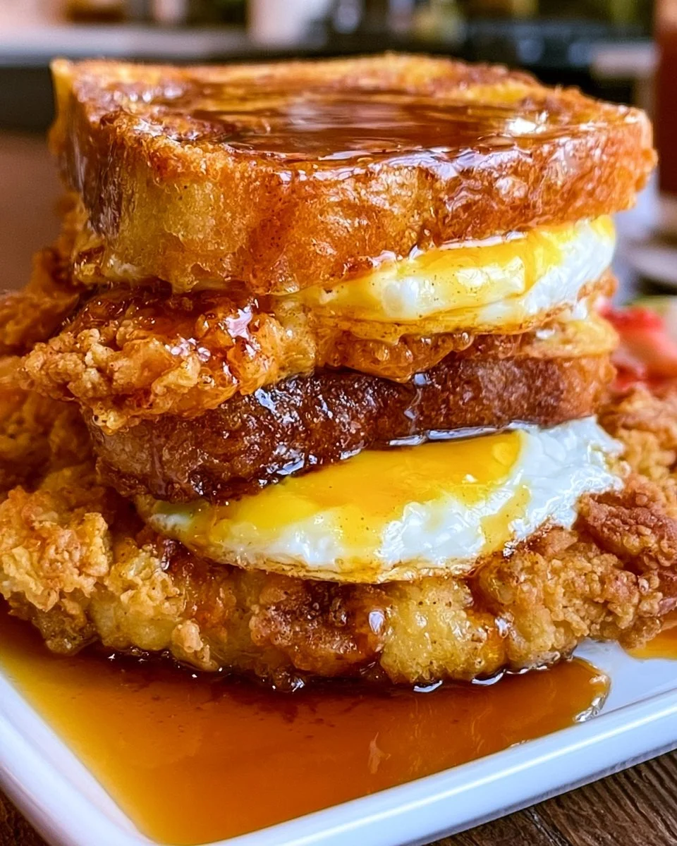 Crispy French Toast Fried Chicken Sandwich with toppings on a plate