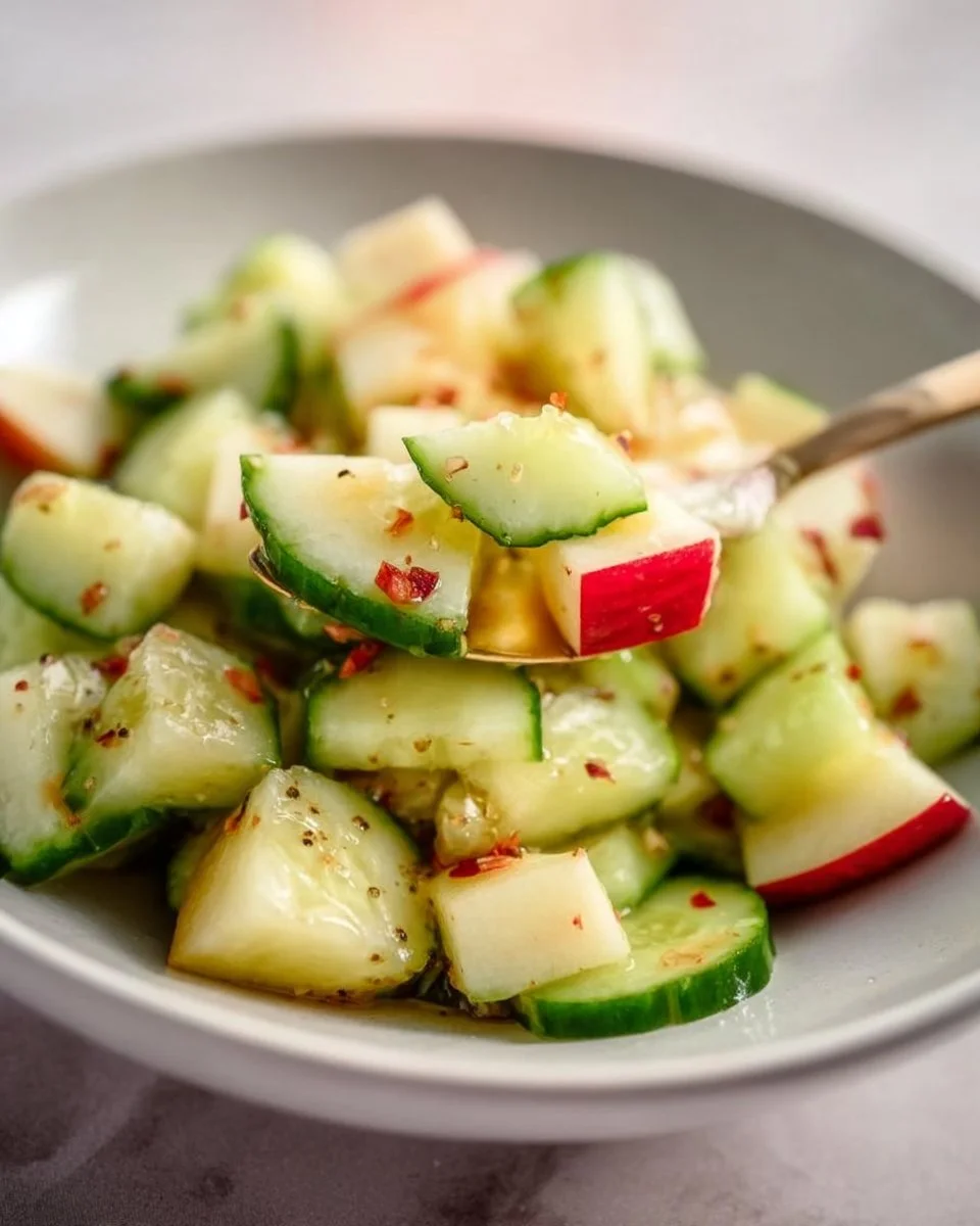 Fresh and colorful Cucumber Apple Salad served in a bowl.