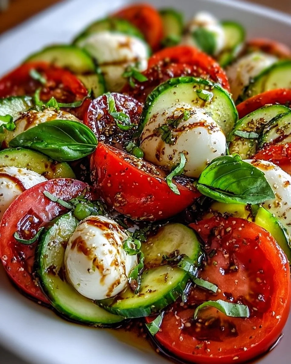 Cucumber Caprese Salad with mozzarella, basil, and tomatoes on a white plate
