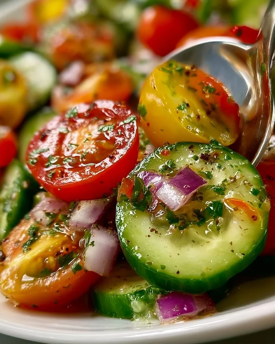 A vibrant Cucumber Tomato Salad featuring fresh cucumbers, juicy tomatoes, and a sprinkle of herbs.