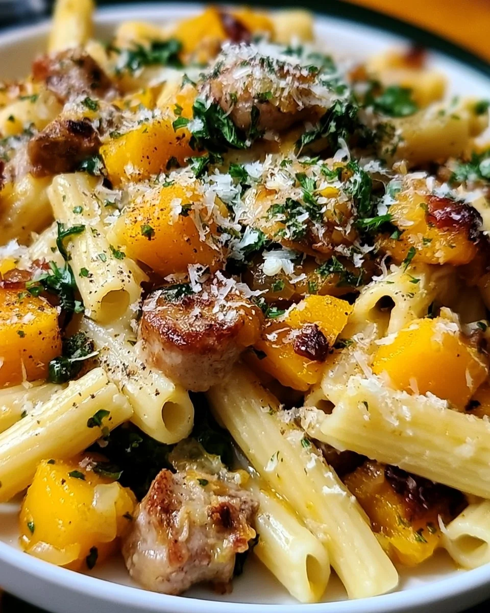 Delicious autumn sausage pasta squash dish garnished with fresh herbs