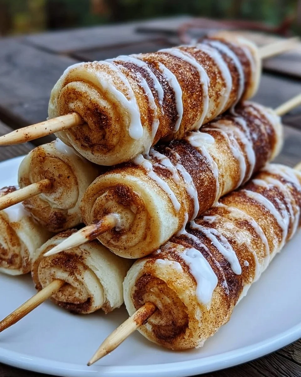 Campfire cinnamon roll-ups on a stick, perfect for outdoor desserts.