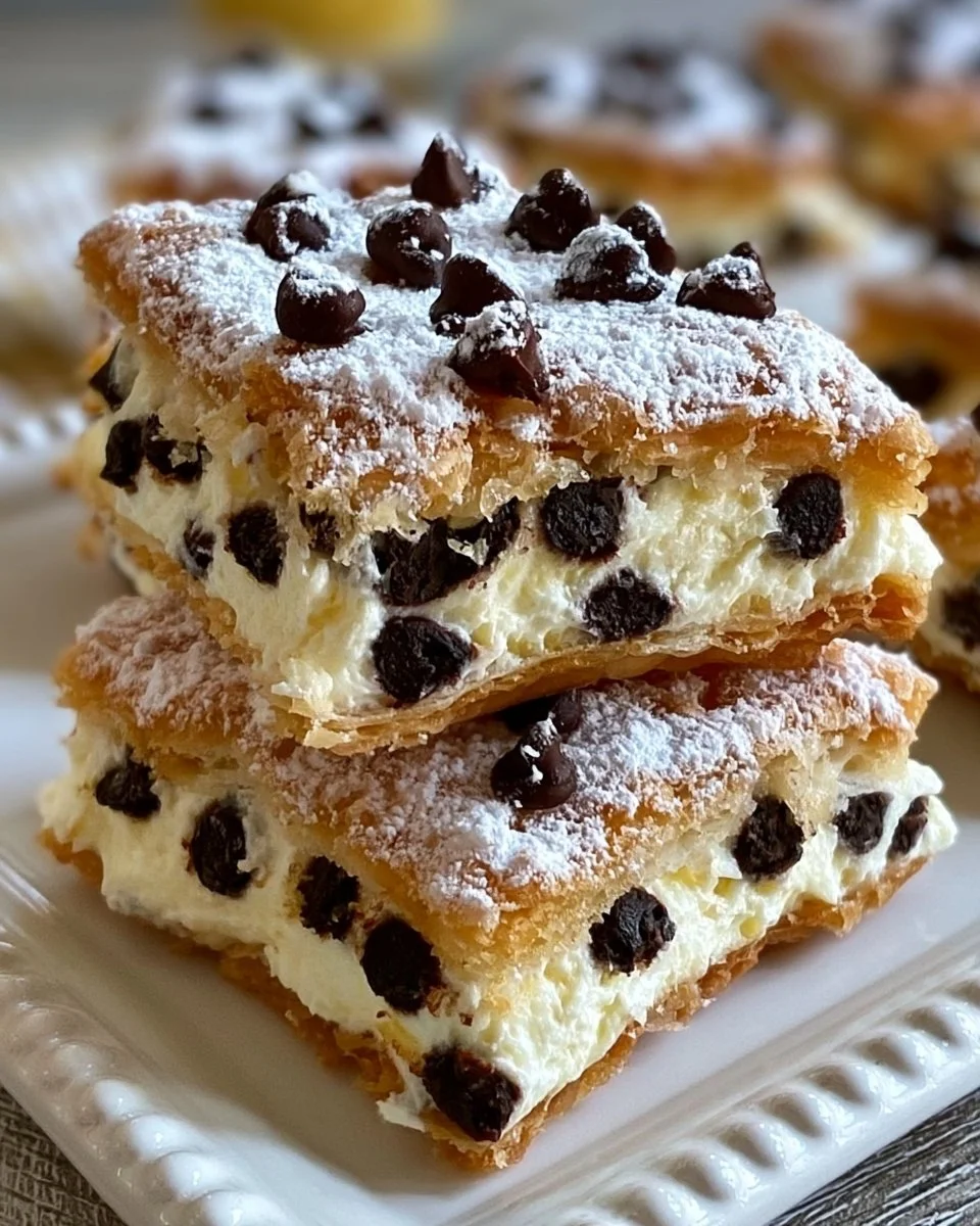 Delicious ricotta cannoli squares topped with chocolate and dusted with powdered sugar.