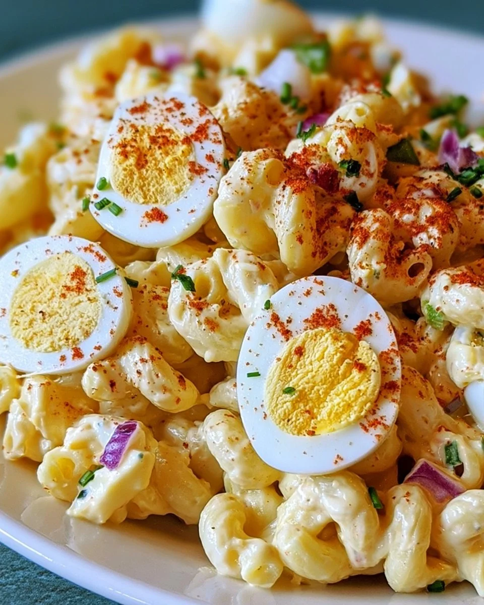 Deviled egg pasta salad with creamy dressing and fresh herbs