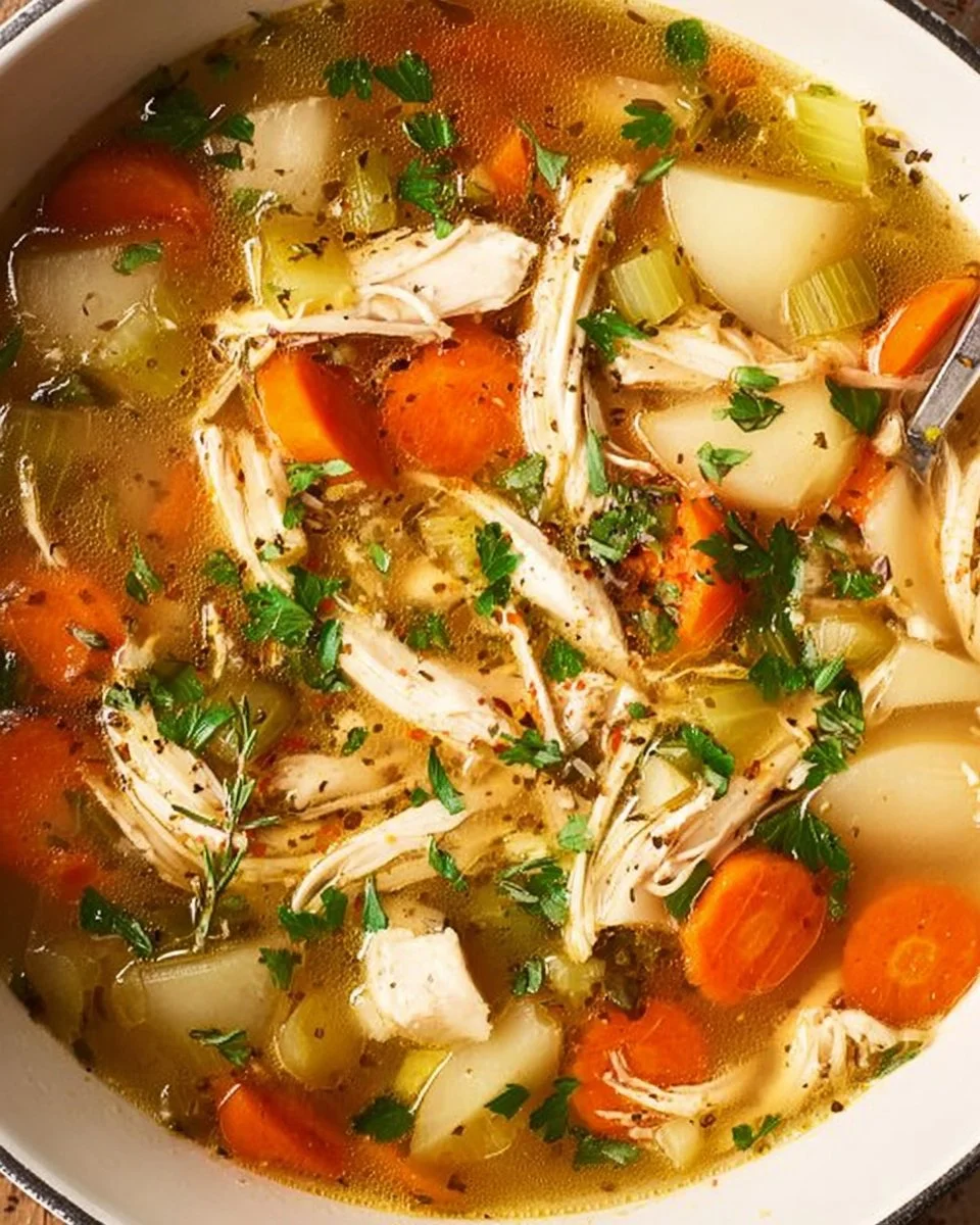 A warm bowl of healthy homemade chicken soup with vegetables.
