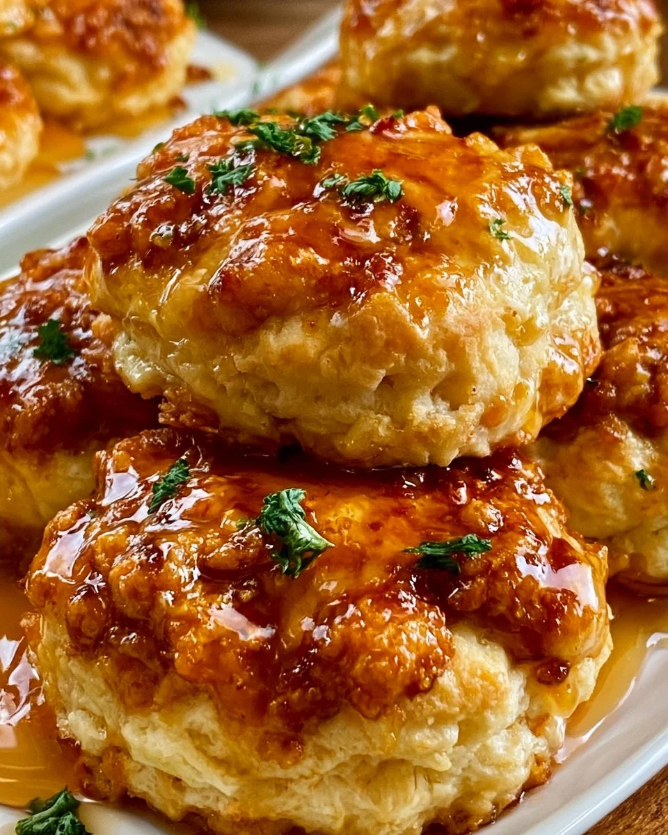 Easy Hot Honey Chicken Biscuits served on a plate with honey drizzle.