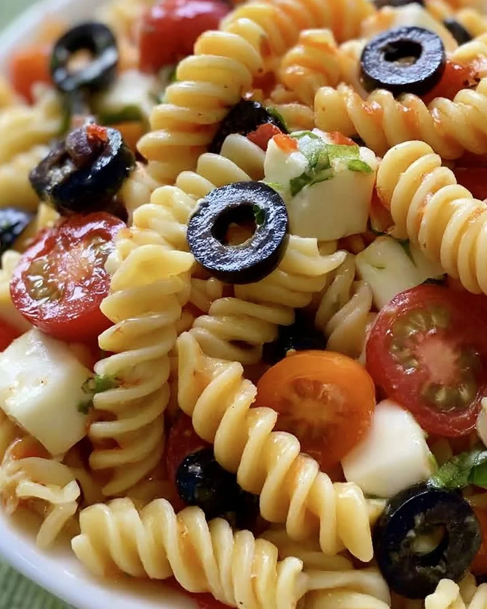 Bowl of easy Italian pasta salad with colorful vegetables