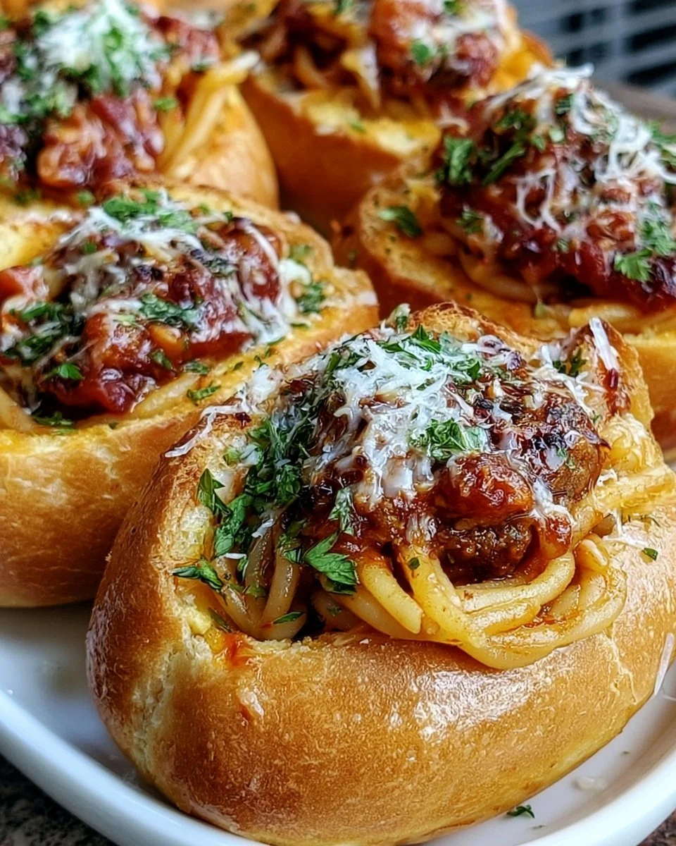 Delicious spaghetti garlic bread bowls with herbs and seasoning