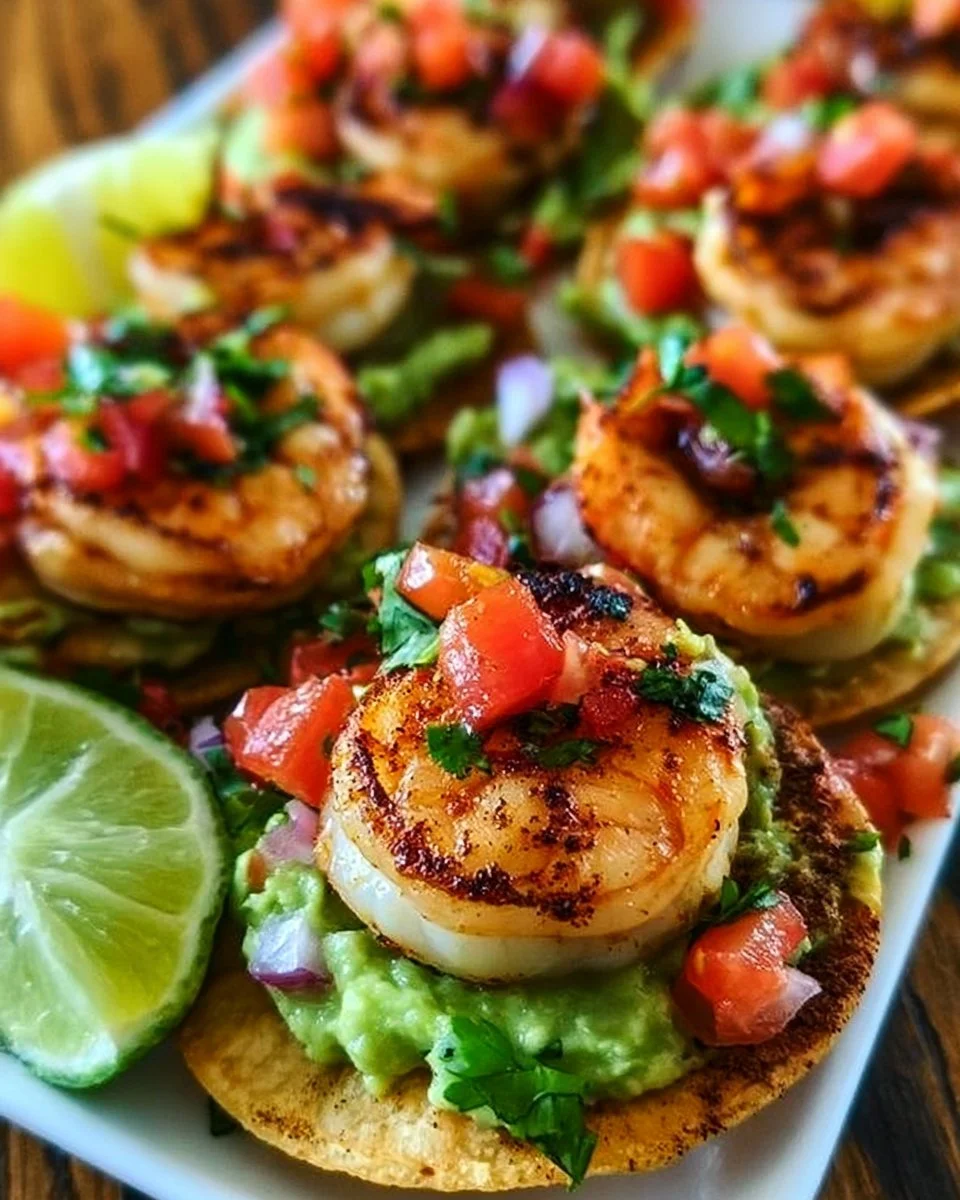 Easy summer shrimp tostadas with guacamole and fresh salsa on a plate