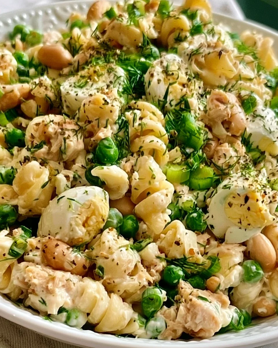 Bowl of easy tuna pasta salad with fresh vegetables and dressing