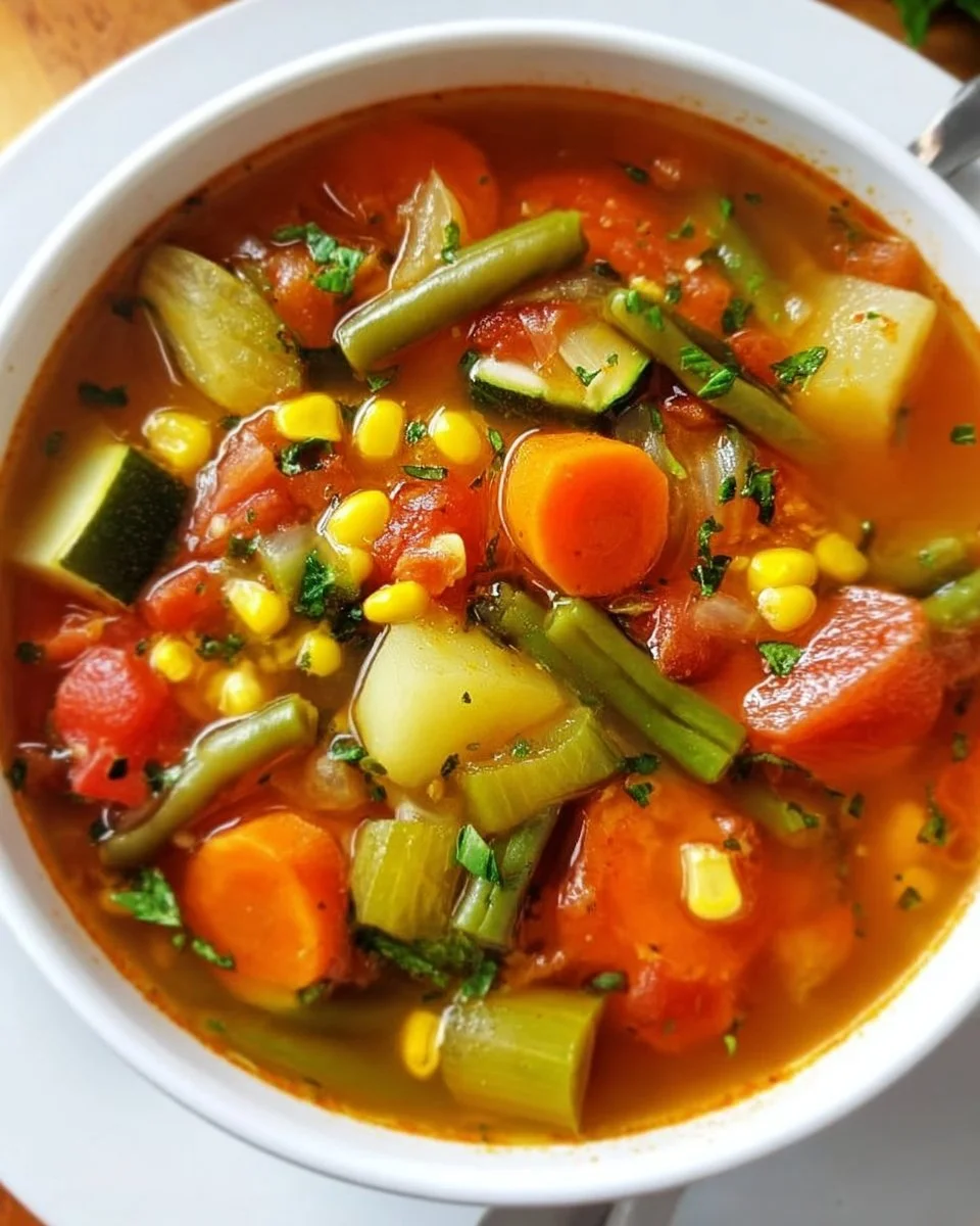 A bowl of easy vegetable soup with colorful vegetables and herbs