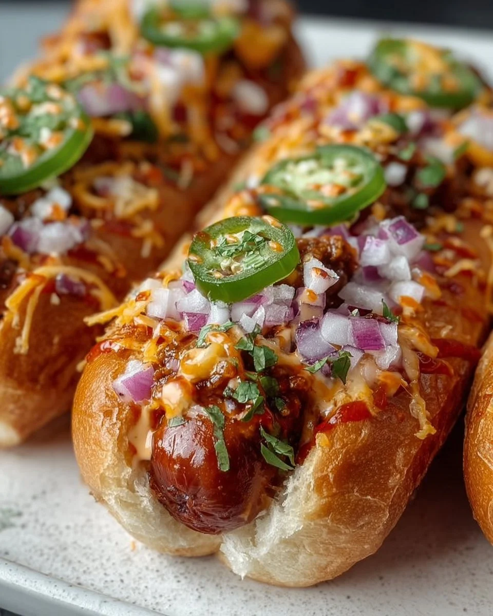 Delicious Firecracker Hot Dogs served on a plate with toppings.