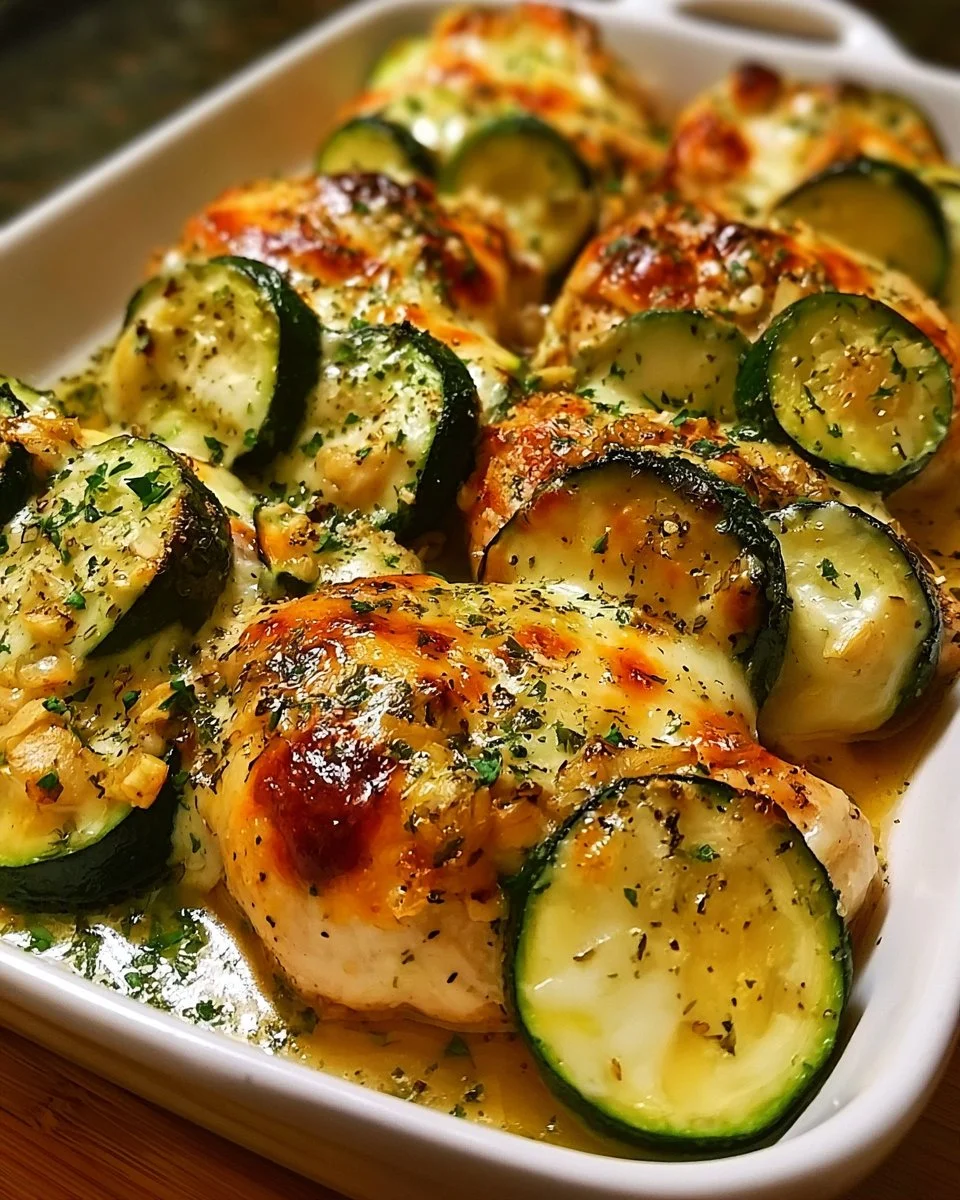 Baked garlic chicken with zucchini in a casserole dish, garnished fresh herbs.