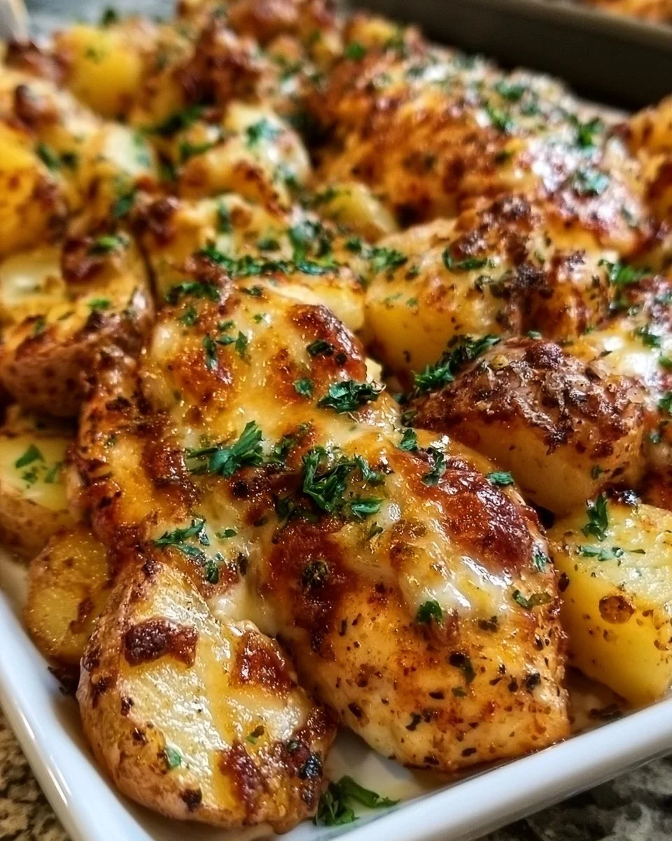 Baked Garlic Parmesan Chicken with Potatoes on a serving platter